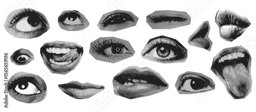 Pop art collage of expressive eyes and mouths in halftone black and white. Perfect for surreal, bold, and retro-inspired creative compositions.