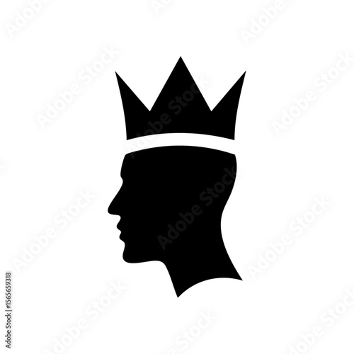 Black vector of a human profile silhouette with a crown, symbolizing leadership, excellence, success, and personal authority.

