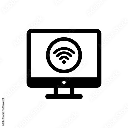 Modern black vector logo of a computer monitor displaying a wireless signal, representing digital connectivity, online work, and remote access.


