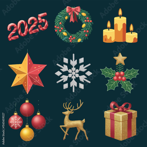 vector Happy New Year Celebrating 2025 in Latin letters , Christmas Decoration Items Santa Claus
