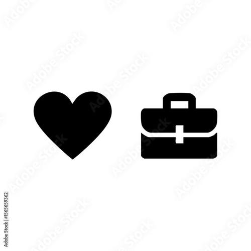 Minimal vector icon of a heart and briefcase side by side, representing work-life balance, passion for career, and job satisfaction.