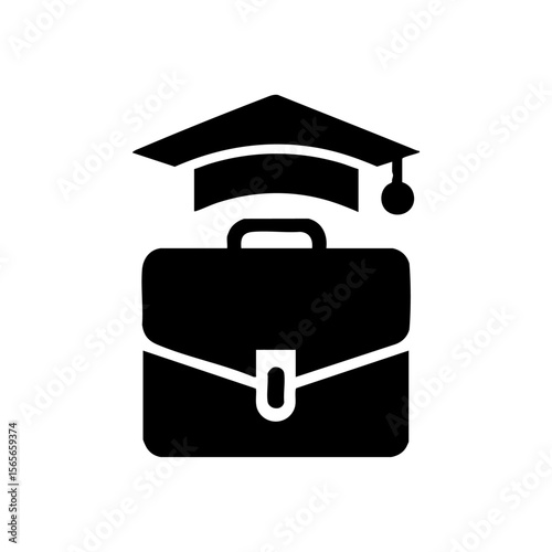 A minimalist vector logo showing a graduation cap atop a business briefcase, symbolizing career readiness, education to employment transition, and academic success in the workplace.

