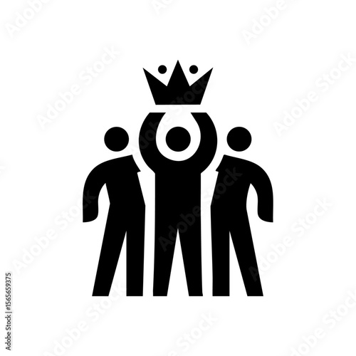 Silhouette vector logo of three people lifting a crown as a team, representing shared success, leadership, teamwork, and collective achievement.

