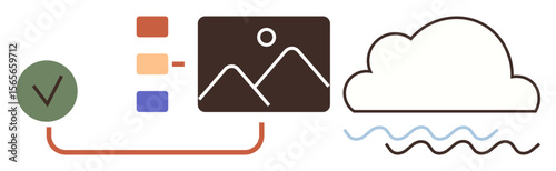 Checklist connected to categorized data, image icon, and cloud with waves. Ideal for project management, cloud storage, data organization, workflow, visualization technology efficiency. Simple flat