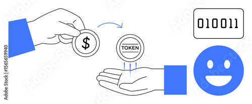 Hand giving dollar coin, hand receiving token, smiling face, binary code. Ideal for cryptocurrency, digital economy, blockchain, tokenization, fintech financial markets simple landing page