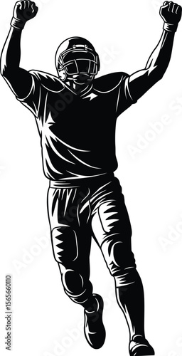 Black and white illustration of a triumphant American football player with arms raised high