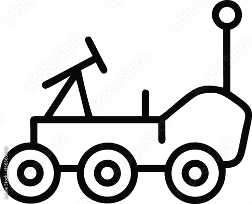 Outline mars rover icon, exploring vehicle with antenna and wheel in space travel