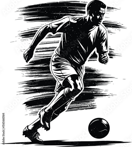 Black and white illustration of a soccer player running with a ball and abstract brush stroke background