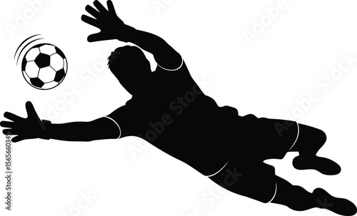 Black silhouette of a soccer goalkeeper diving to catch a ball football goalie