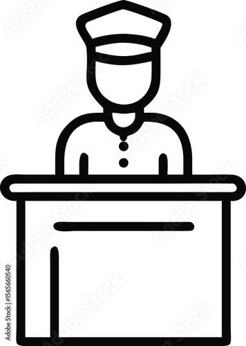 Outline of a person with hat behind reception desk icon