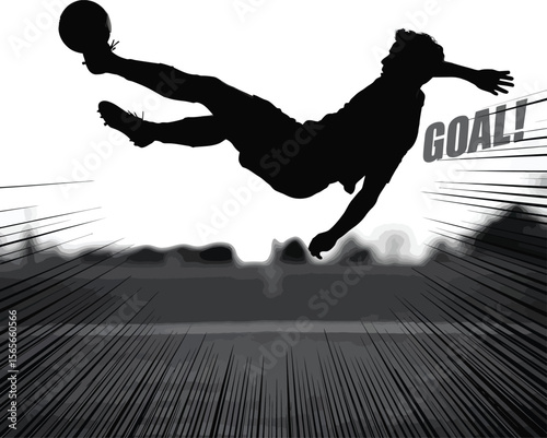 Black silhouette of a soccer player performing a bicycle kick with the word G O A L in grey text