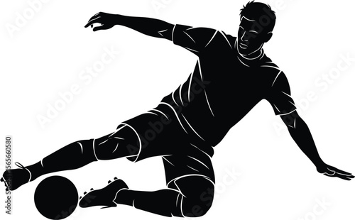 Black silhouette of a soccer player kicking a ball in mid-air football black and white