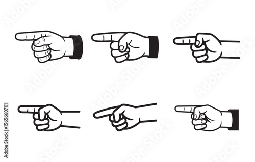 Six Black and White Hands Pointing in Different Directions Simple Line Art Illustrations