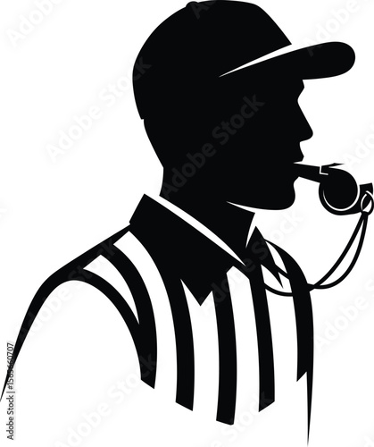 Black silhouette of a sports referee blowing a whistle and wearing a striped shirt and cap