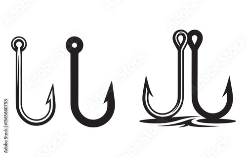 Three Black Fishing Hooks Illustration Single Double Hook Bait Tackle Design vector
