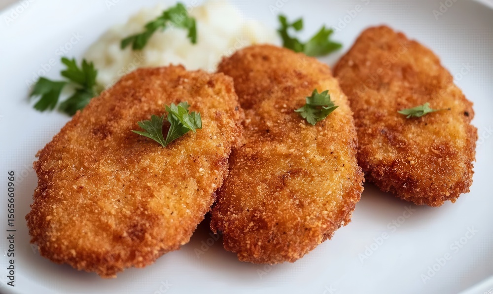 Kotlety served with mashed potatoes and garnish on pale lavender plate Kotlety served with mashed potatoes and garnish on pale lavender plate