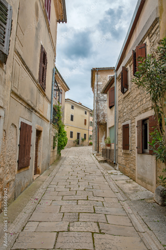 Fototapeta premium Narrow cobblestone street in historic village Visnjan, Croatia.