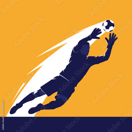 Dark blue soccer goalkeeper diving to catch ball against orange background catching