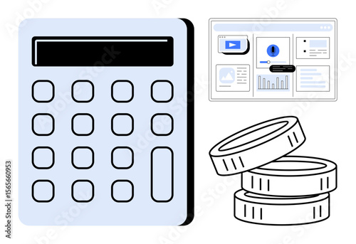 Calculator, stacked coins, and analytics dashboard suggest budgeting, investment, and profit analysis. Ideal for finance, accounting, investment, taxes revenue business planning simple flat