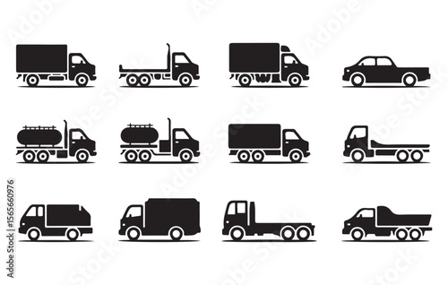 Twelve Black Silhouettes of Trucks and a Car on White Background F H D Vector Illustration