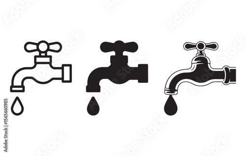 Three Water Tap Icons Line Art Silhouette Drip Black White faucet