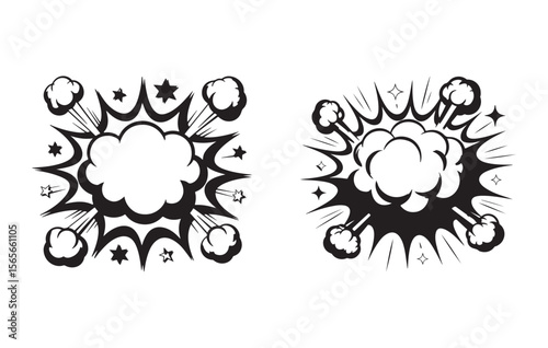 Two Black and White Comic Book Style Explosion Illustrations with Stars and Smoke Puffs