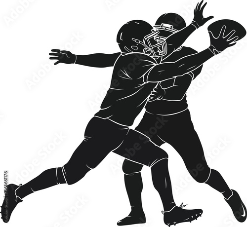 Two black silhouette American football players in action with white outlines on a white background