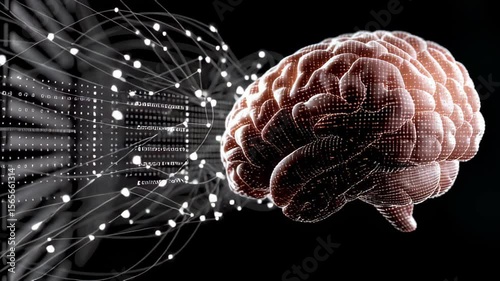 A human brain with neural pathways illustrated by glowing lines and dots, symbolizing artificial intelligence and data processing.