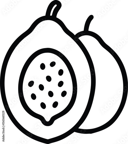 Outline of whole and halved papaya fruit with seeds icon for design