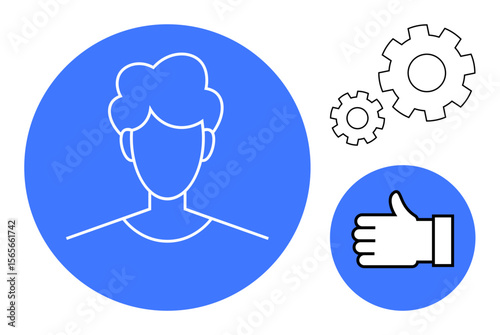 Head outline in blue circle, gears for settings and optimization, thumbs-up for approval or feedback. Ideal for user profile, preferences, teamwork, services, customization, engagement simple