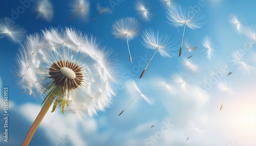 dreamy dandelion seeds blowing in the wind against a blue sky ethereal nature background