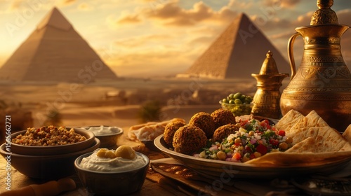 Falafel platter in egypt with the great pyramids of giza at sunset