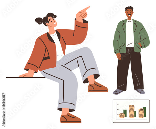 Two individuals interact while focusing on a financial growth chart with stacked coins. Ideal for teamwork, financial insights, collaboration, business strategies, self-confidence, goal setting