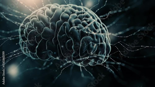 A close-up view of a stylized brain with intricate neural pathways. The image represents artificial intelligence and neural networks in a dark background.