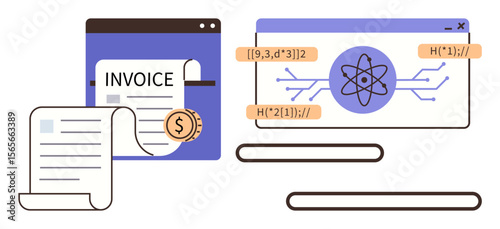 Invoicing application with dollar coin, coding interface featuring atom and mathematical algorithms. Ideal for finance, automation, programming, web applications, data analysis, education, simple