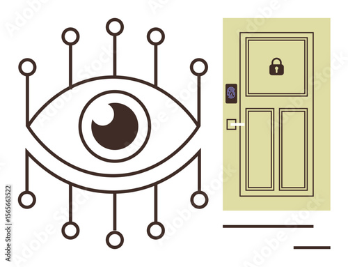 Eye surrounded by circuit lines alongside a smart door with a biometric lock, representing security, technology, and innovation. Ideal for cyber security, smart technology, privacy, authentication