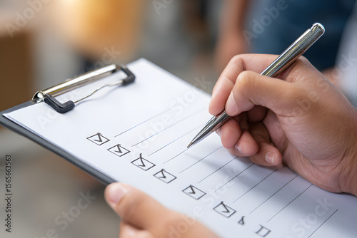 A checklist on a clipboard held by two hands, featuring several checked items and empty lines for additional notes.