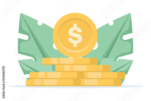 gold coins stack. Gold coins with dollar sign. Growth, income, savings, investment. Symbol of wealth. Business success. Flat style vector illustration.