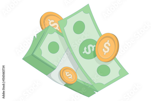 green cash banknotes and coins, payment, income and wealth including financial transactions, investment, economy. flat vector illustration on background.