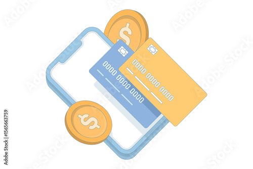 mobile payment and online financial transaction concept. payment card floating on smartphone with dollar coin. digital payment showing smartphone. online shopping.