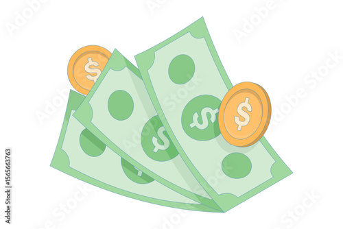 green cash banknotes and coins, payment, income and wealth including financial transactions, investment, economy. flat vector illustration on background.