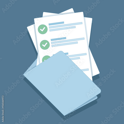 Document Concept. Contract document. Business stationery documentation. Folder with stamp and text. Agreement with signature and approval stamp. Folder and stack of papers. flat design.