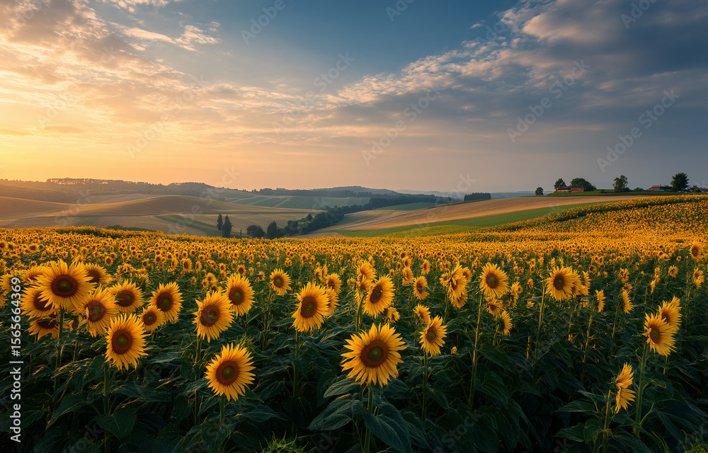 Fototapeta premium A vibrant sunflower field under the warm glow of sunset,