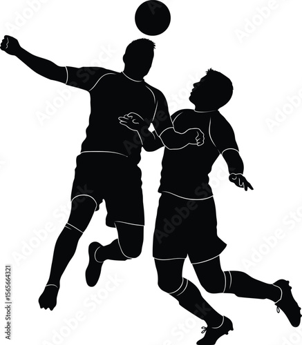 Two black silhouette soccer players jumping to head a soccer ball football sport