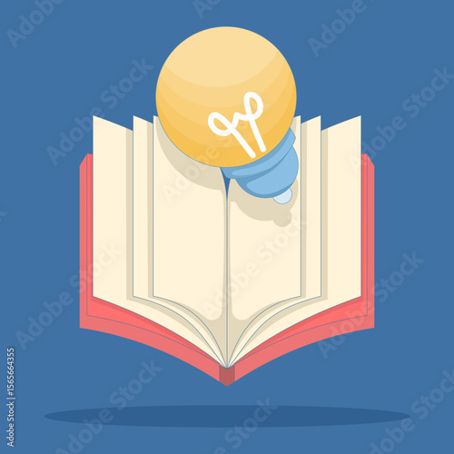 Education icon concept. Cartoon vector icon illustration of book with light bulb. Education, reading book to generate ideas, open book with idea light bulb. Flat cartoon premium vector.