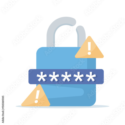 illustration of a broken padlock with an exclamation mark. Notification of an error that occurred in the security and protection system. Warning that the password has been hacked and leaked.