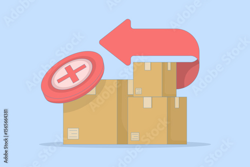 Concept of return, cartoon delivery error, red X cross symbol, failed package receipt, order cancellation. Illustration for shipping infographics. Icon and cardboard box.