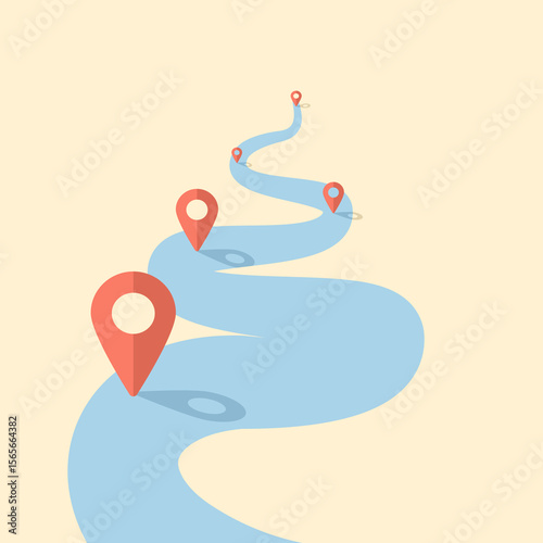 illustration about Starting from road and path with marker. Blue road in desert with bright sun and gps pin on route. business project milestone road. Can be a symbol of route in business.
