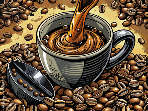 vector of Close-up video of pouring coffee into a cup, black texture, coffee beans, shot from above.