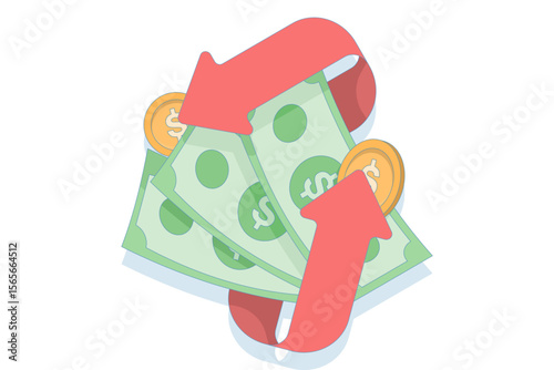green banknote and gold coins icon. money surrounded by curved red arrows. currency movement financial circulation financial business exchange rate digital payment.